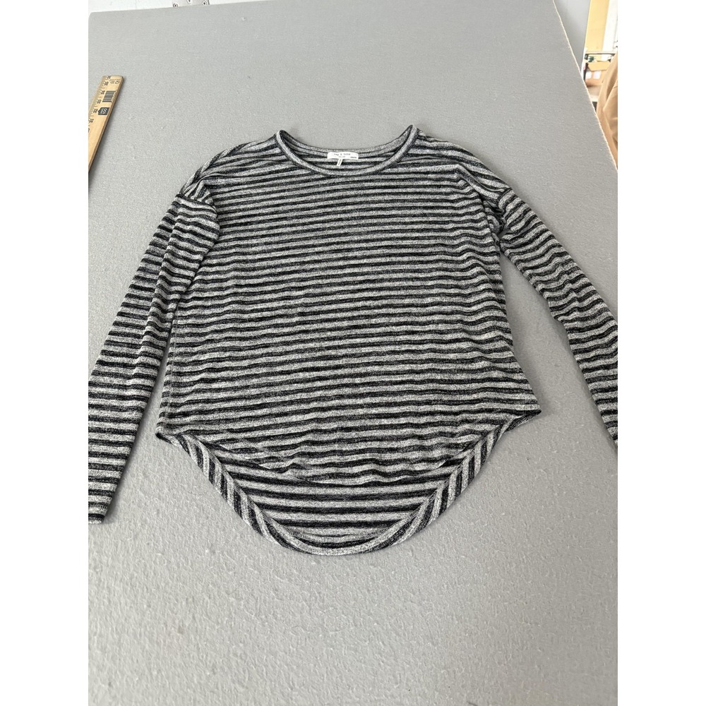 rag & bone Shirt Womens XXS Black Gray Striped Long Sleeve Crewneck‎ Curved Hem